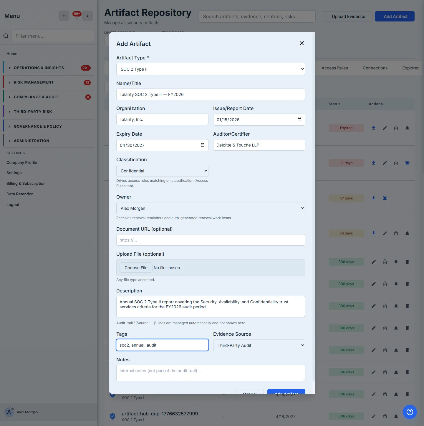 Add Artifact form — Artifact Type, Name, Organization, Issue and Expiry dates, Auditor, Classification, Owner, file picker, Description, Tags, and Evidence Source, filled in for a SOC 2 Type II report.