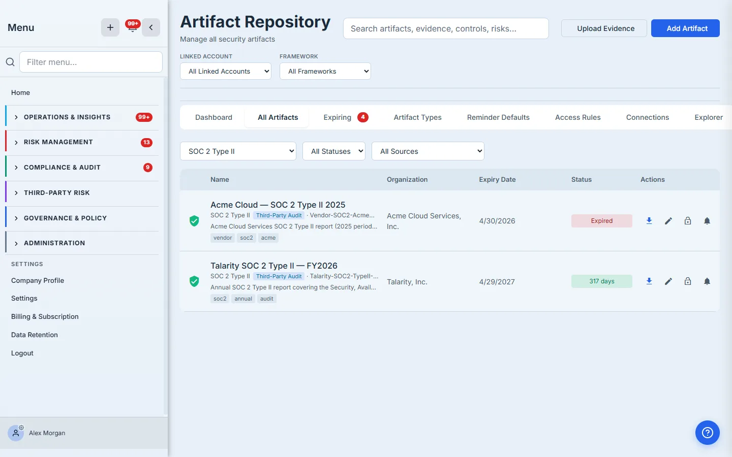 All Artifacts filtered to SOC 2 Type II — two rows, one Valid and one Expired, each showing the type, Third-Party Audit badge, file, tags, organization, expiry, and per-row actions.