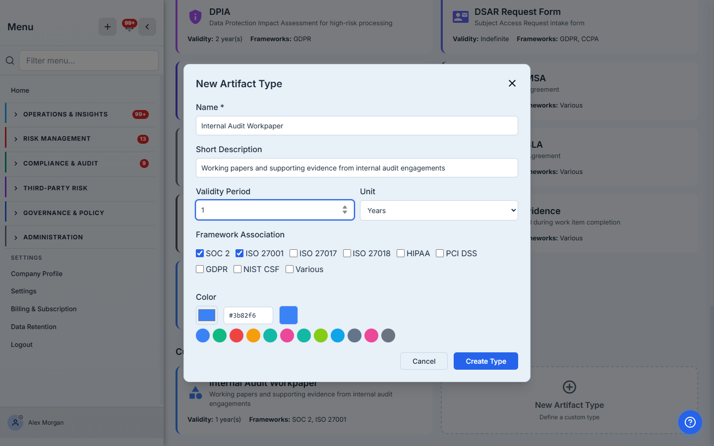 New Artifact Type modal — creating "Internal Audit Workpaper" with a one-year validity, framework associations, and a colour swatch.