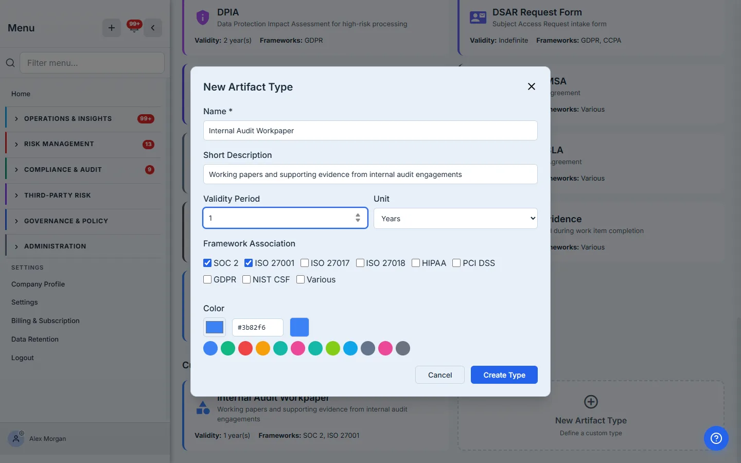 New Artifact Type modal — creating "Internal Audit Workpaper" with a one-year validity, framework associations, and a colour swatch.