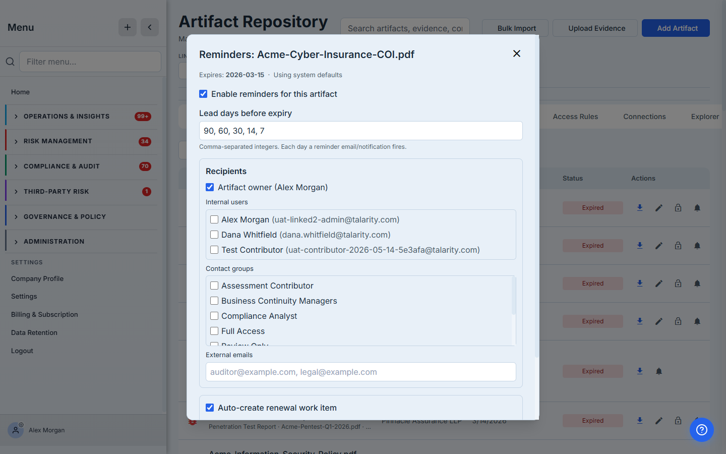 Reminder configuration for the Cyber Liability Insurance certificate — enabled, lead days 90/60/30/14/7, recipients including the artifact owner, contact groups, and external emails, plus an auto-created renewal work item.