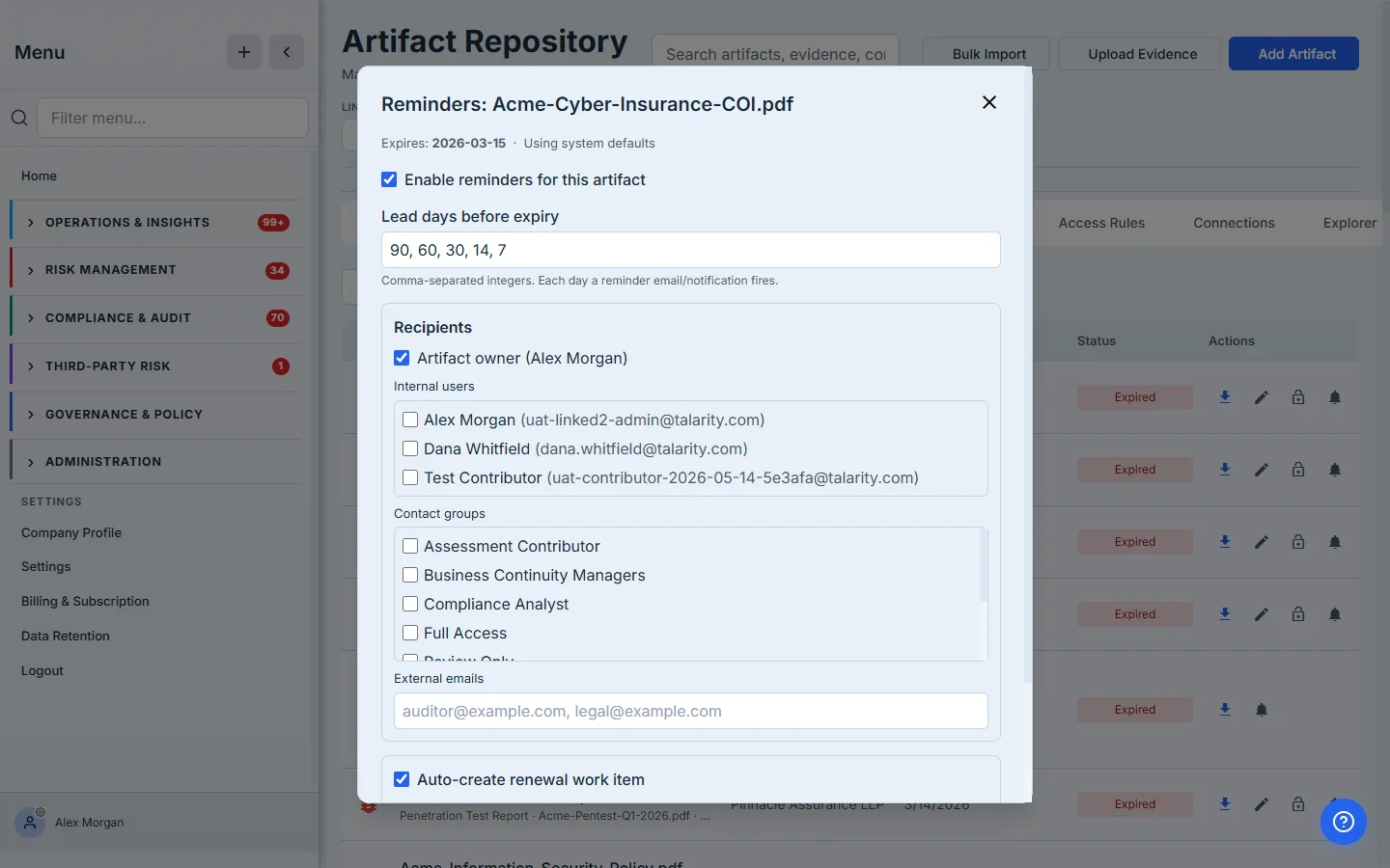 Reminder configuration for the Cyber Liability Insurance certificate — enabled, lead days 90/60/30/14/7, recipients including the artifact owner, contact groups, and external emails, plus an auto-created renewal work item.