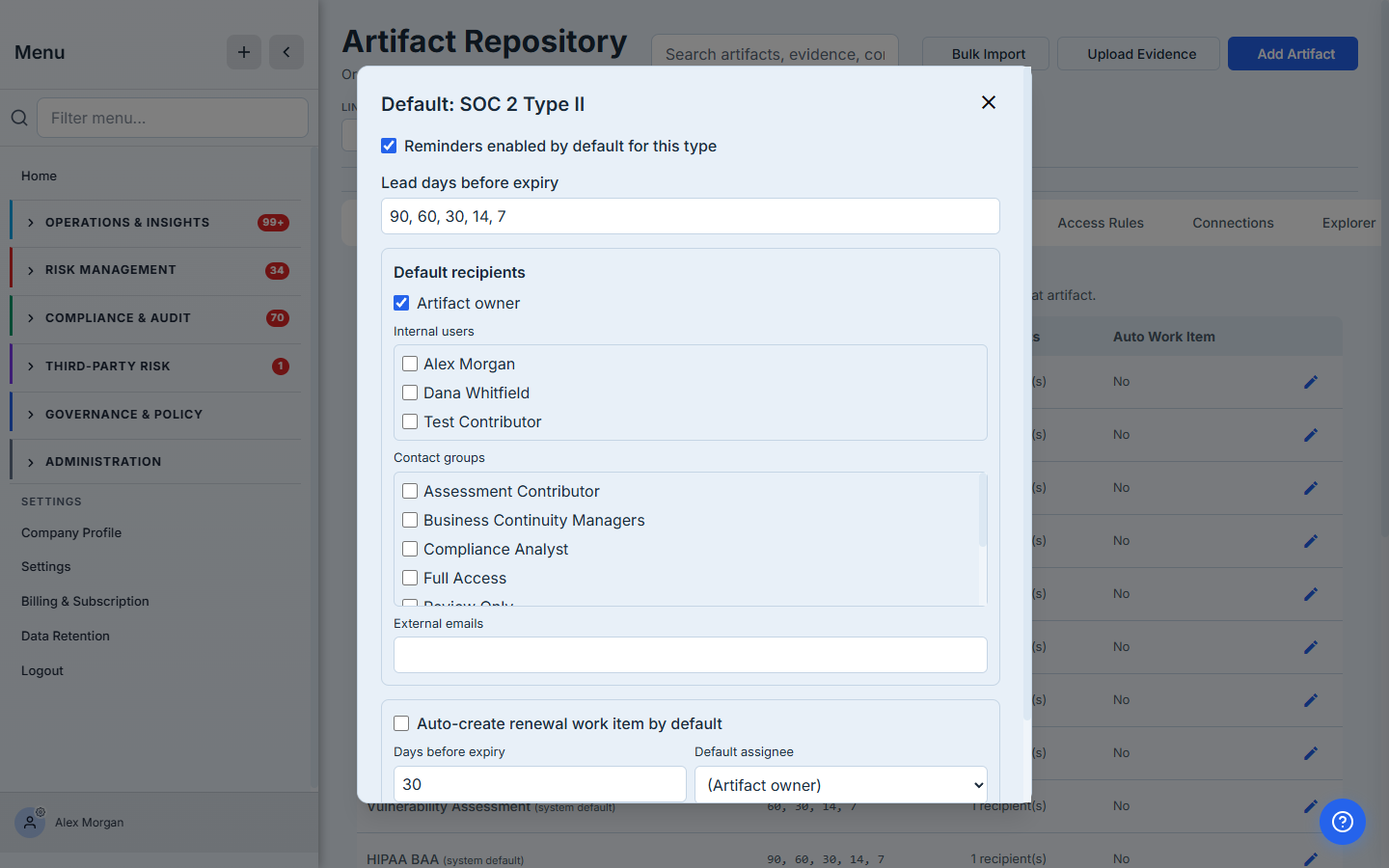 Editing the SOC 2 Type II default — reminders enabled by default, lead days 90/60/30/14/7, default recipients, and an auto-work-item toggle.