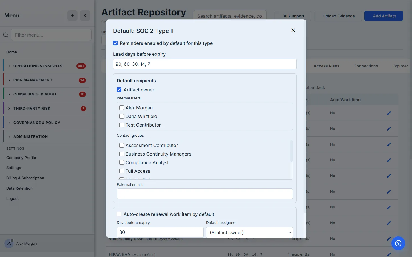Editing the SOC 2 Type II default — reminders enabled by default, lead days 90/60/30/14/7, default recipients, and an auto-work-item toggle.
