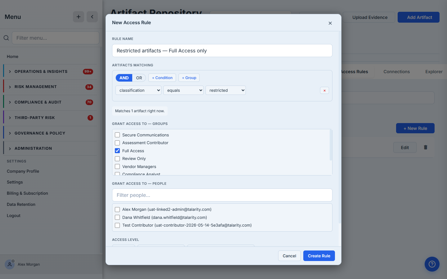New Access Rule — name, an "Artifacts matching" builder set to classification equals restricted with a live "Matches 1 artifact right now" preview, the Full Access group granted, and an access level of View.