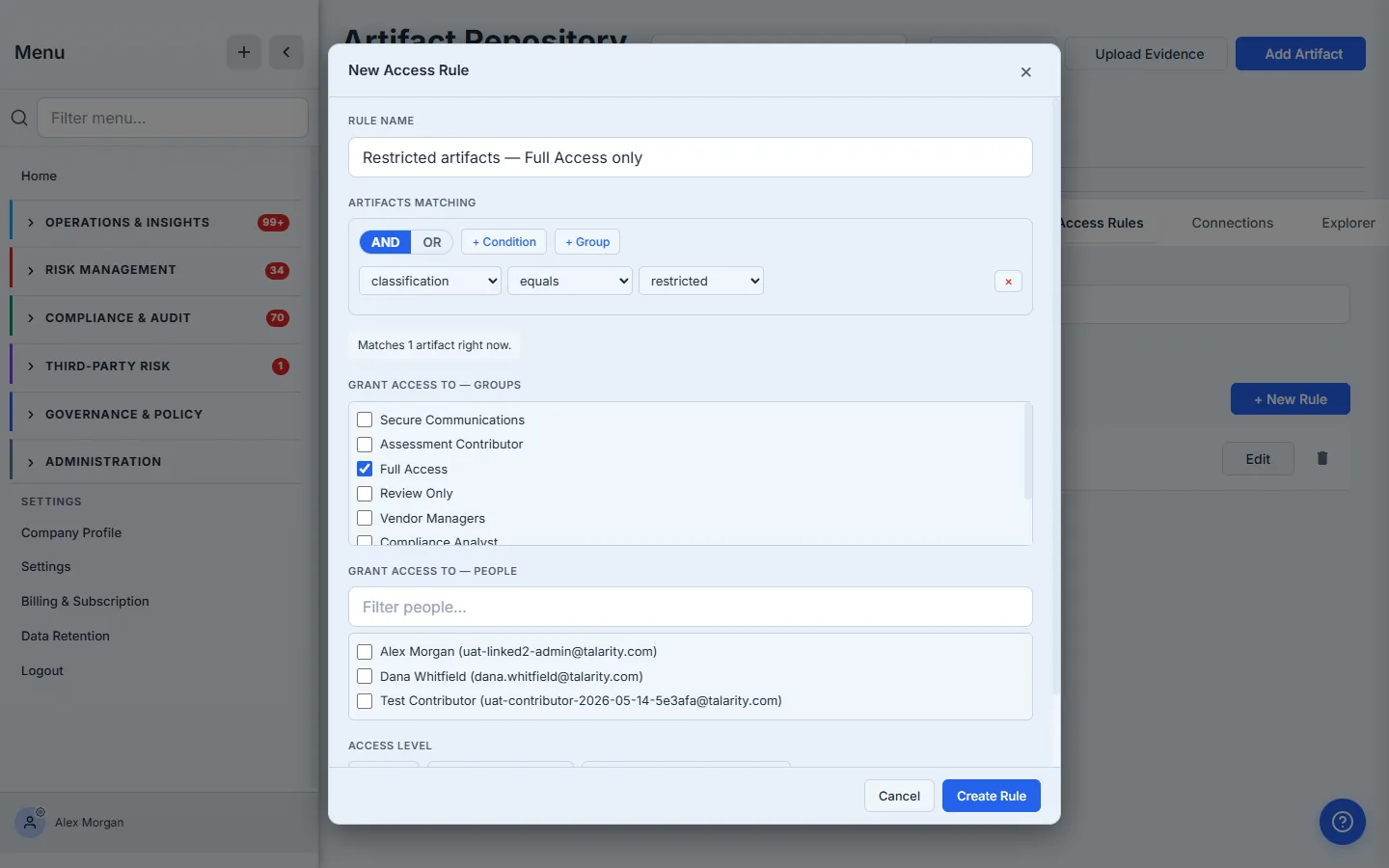 New Access Rule — name, an "Artifacts matching" builder set to classification equals restricted with a live "Matches 1 artifact right now" preview, the Full Access group granted, and an access level of View.