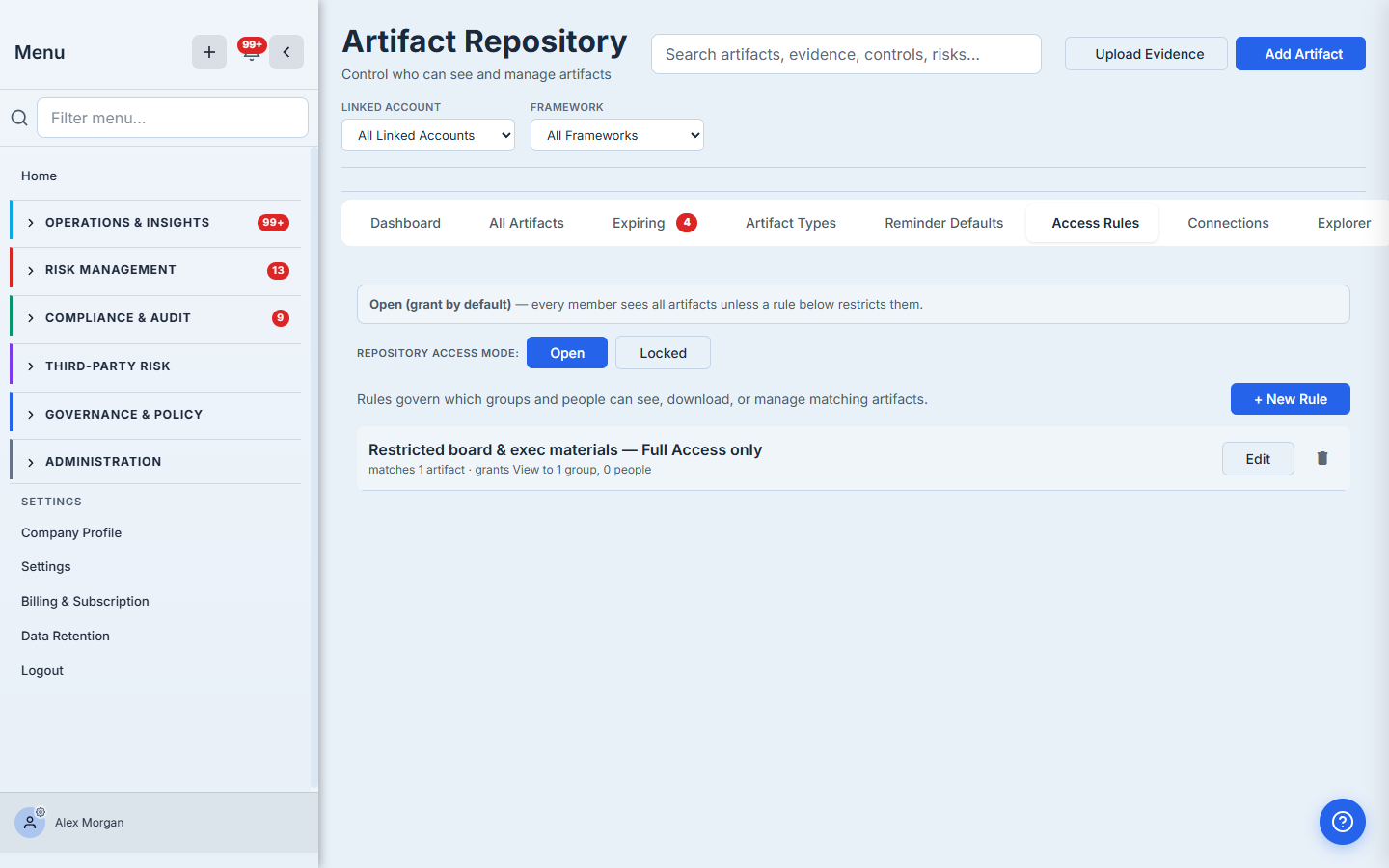 Access Rules tab — the saved rule "Restricted board & exec materials — Full Access only" showing it matches 1 artifact and grants View to 1 group, with the Open/Locked posture toggle above.