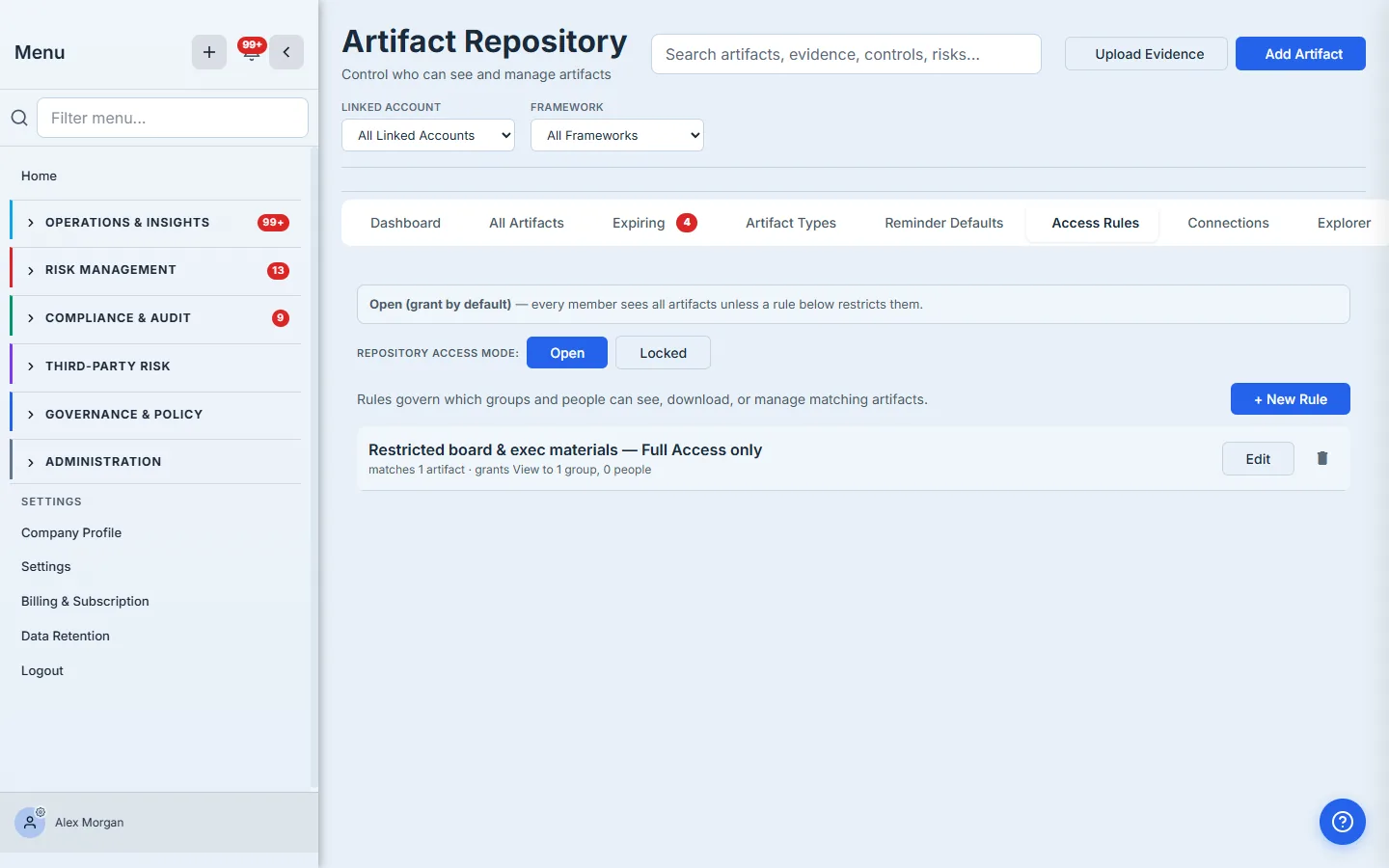 Access Rules tab — the saved rule "Restricted board & exec materials — Full Access only" showing it matches 1 artifact and grants View to 1 group, with the Open/Locked posture toggle above.