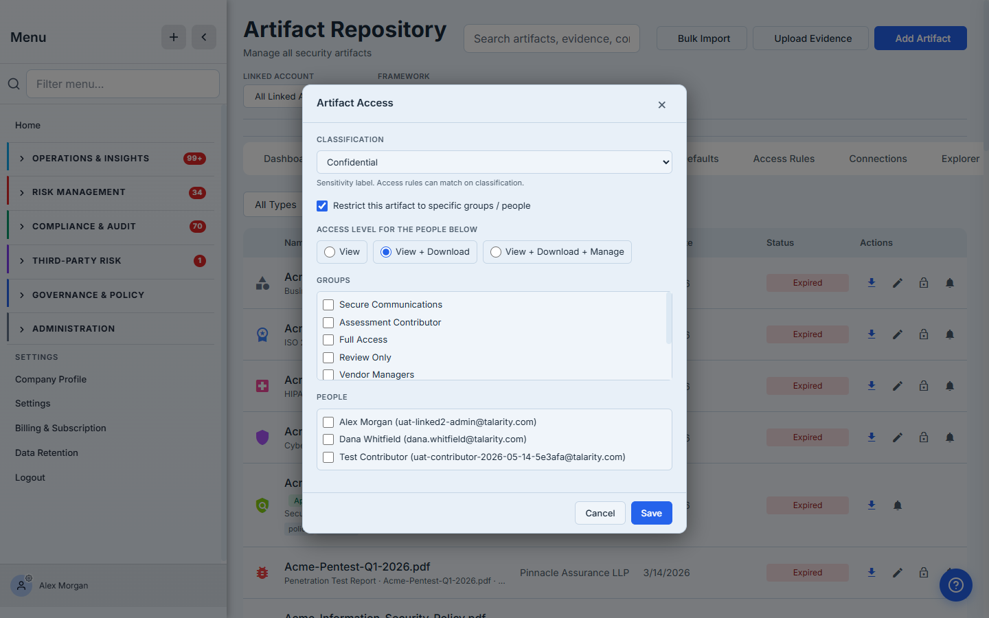 Per-item Artifact Access dialog — Classification set to Confidential, "Restrict this artifact" enabled, access level View + Download, with group and people pickers.