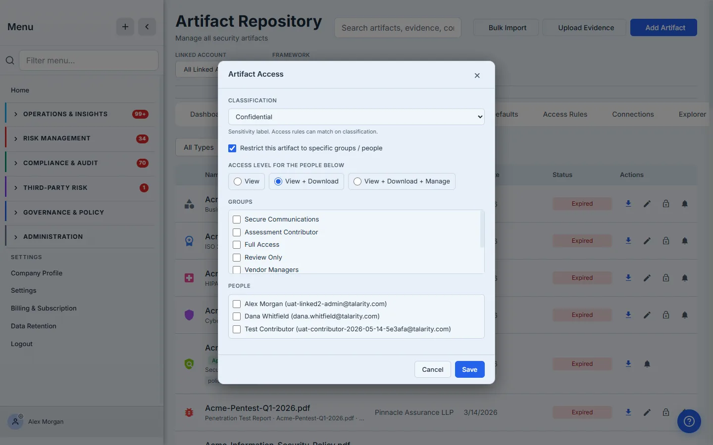 Per-item Artifact Access dialog — Classification set to Confidential, "Restrict this artifact" enabled, access level View + Download, with group and people pickers.