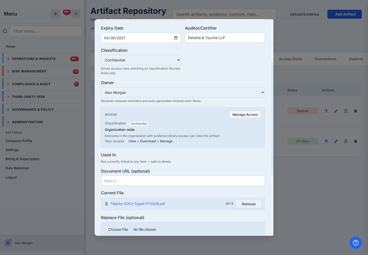 Edit view panels — an Access summary showing the artifact is Confidential and organization-wide with the viewer's own level, and a "Used In" panel reporting the artifact is not yet linked and safe to delete.