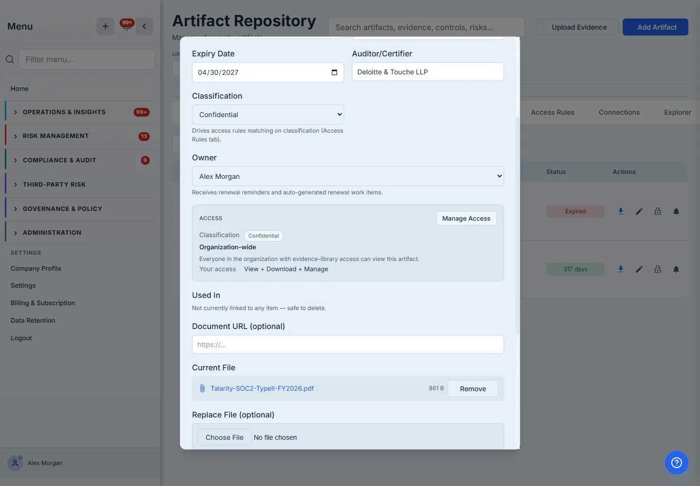 Edit view panels — an Access summary showing the artifact is Confidential and organization-wide with the viewer's own level, and a "Used In" panel reporting the artifact is not yet linked and safe to delete.