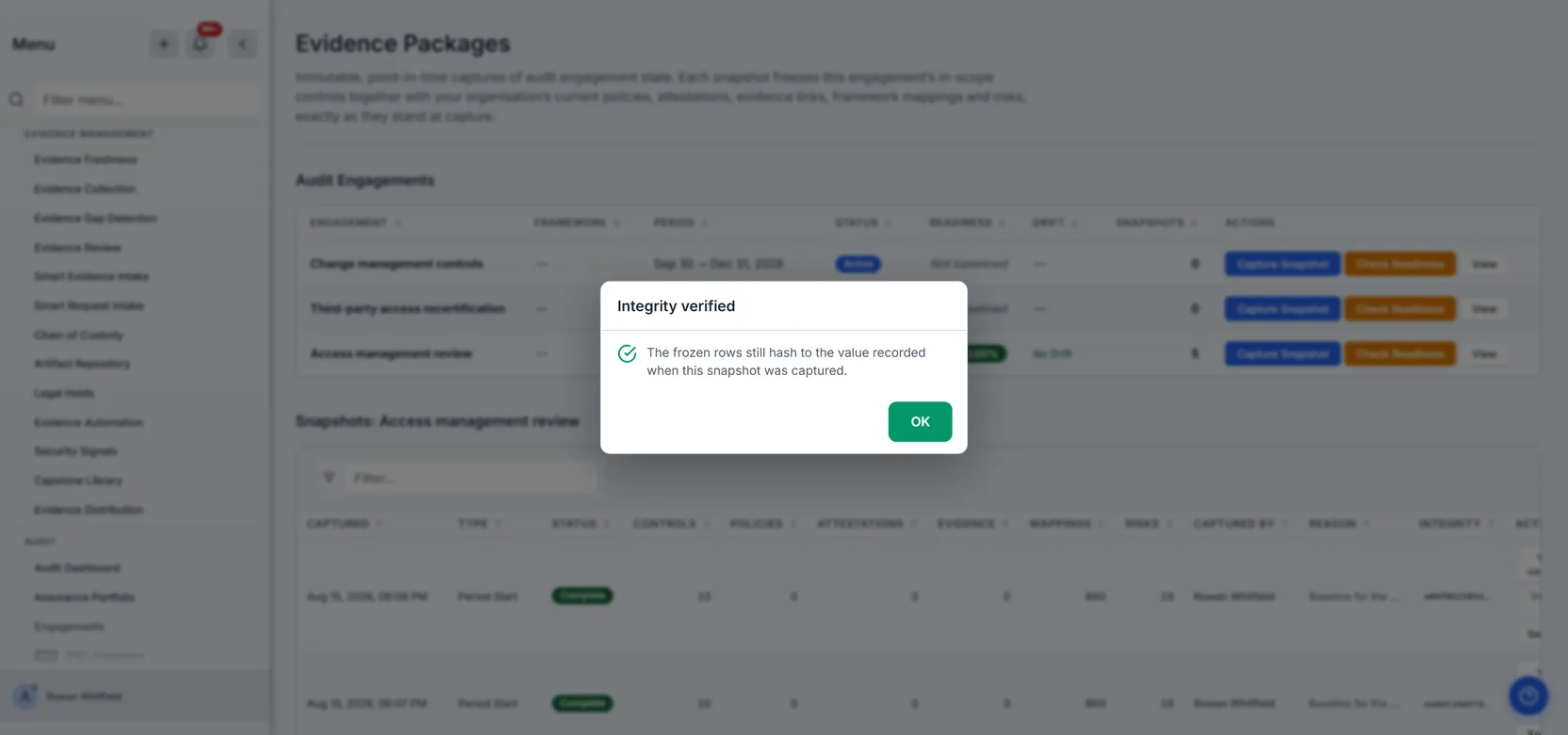 A verification dialog headed "Integrity verified", reading that the frozen rows still hash to the value recorded when this snapshot was captured, with a single button to dismiss it.
