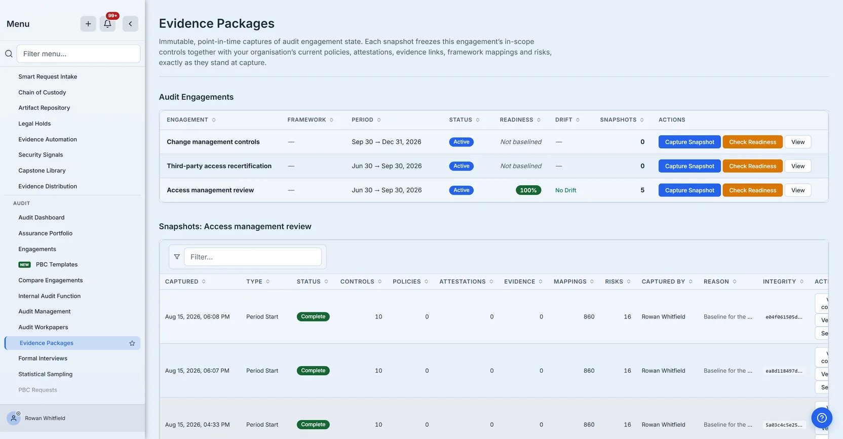 The engagements table after a readiness check has finished — the row's button reads "Check Readiness" again rather than a running state, its Readiness column shows 100% and its Drift column reads No Drift. The two engagements that have never been snapshotted still read "Not baselined".