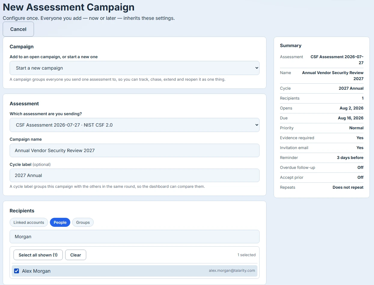 The configuration page: assessment, recipients, dates, evidence requirements, notifications, priority and repeat, with a live summary rail.