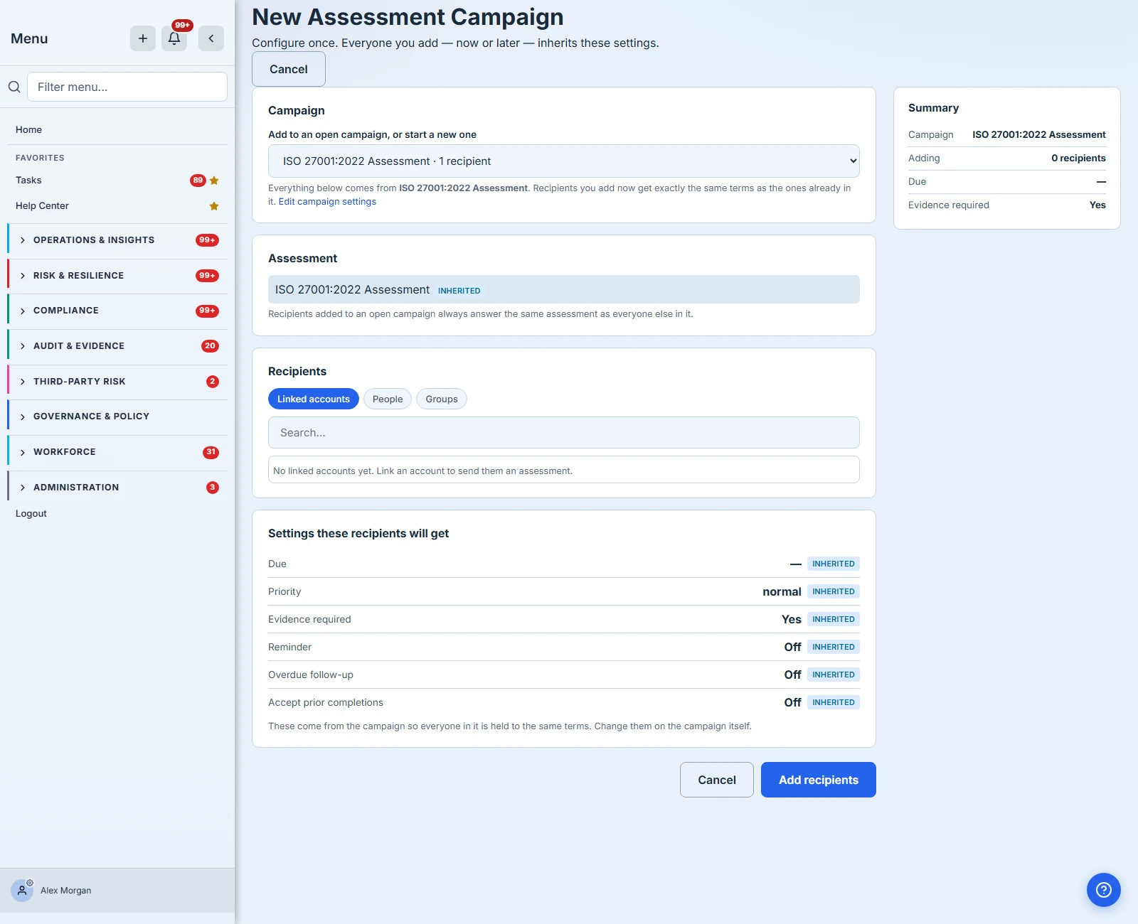 Choosing an open campaign collapses the form: due date, priority, evidence requirement, reminders, overdue follow-up and accept-prior each shown read-only with an Inherited chip.