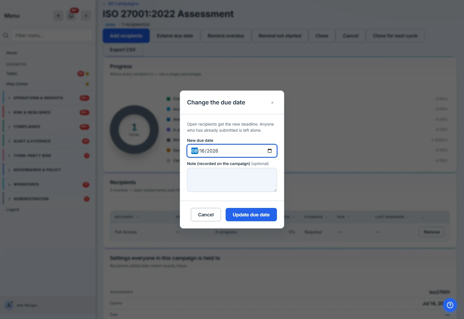 The extend dialog: "Open recipients get the new deadline. Anyone who has already submitted is left alone."