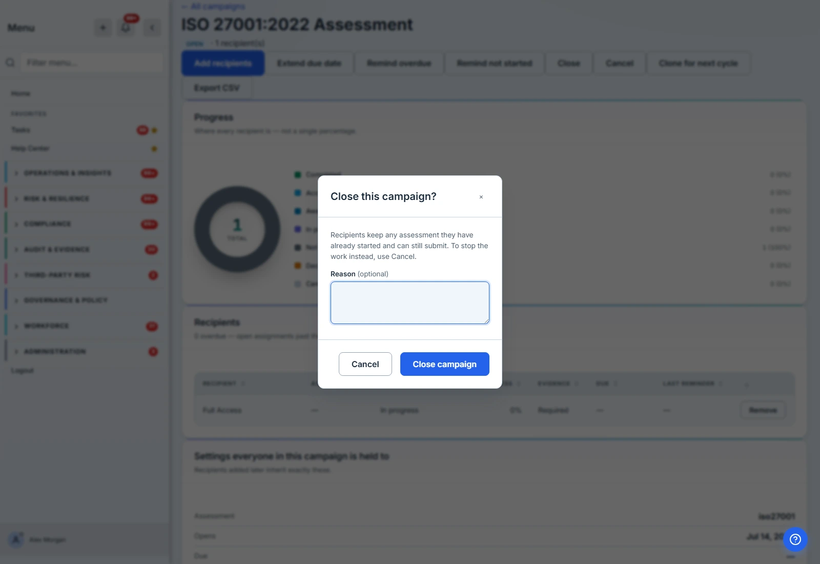 The close dialog: "Recipients keep any assessment they have already started and can still submit. To stop the work instead, use Cancel."