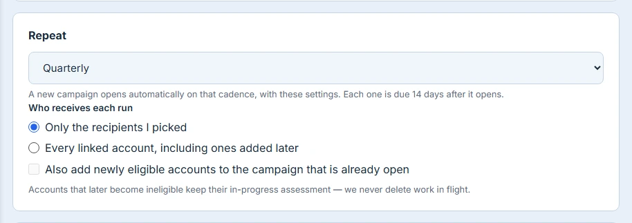 The Repeat section: cadence options from monthly to annually, with the recipient rule and roster-sync controls.