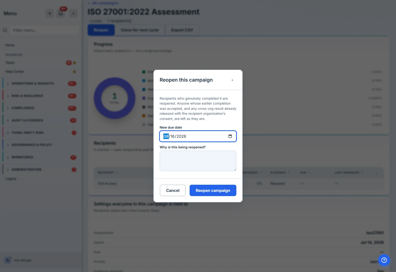 The reopen dialog, stating that recipients whose completion was accepted, and cross-org results already released with consent, are left as they are.