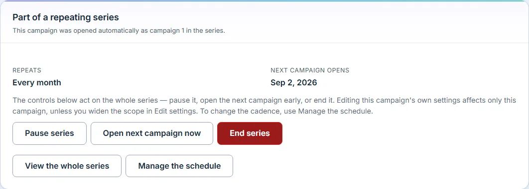 The series panel on a campaign: cadence and next open date, then Pause series, Open next campaign now and End series, with View the whole series and Manage the schedule set apart from them.