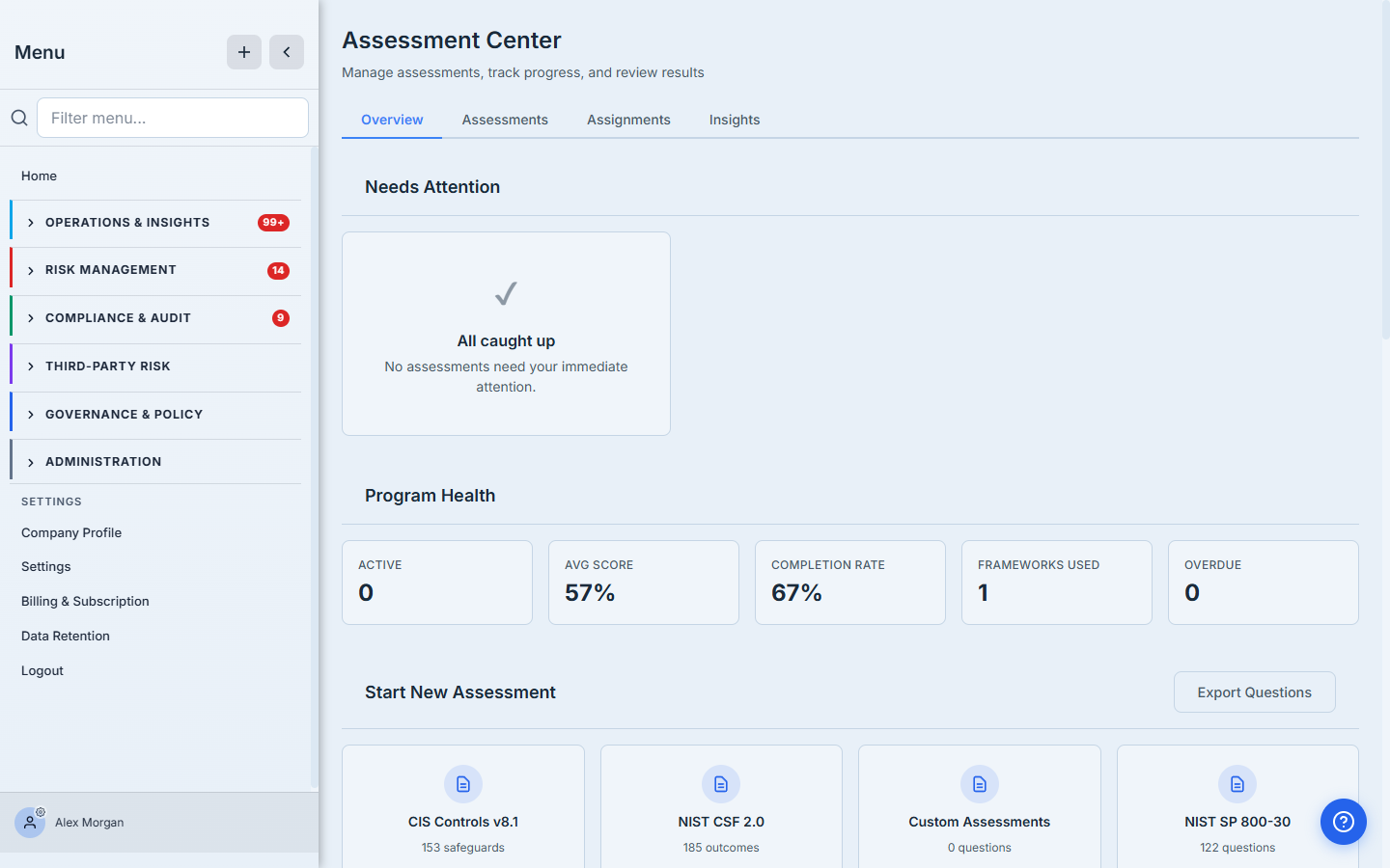 The Assessment Center Overview — a "Needs Attention" panel, Program Health KPIs (Active, Average Score, Completion Rate, Frameworks Used, Overdue), and the Start New Assessment framework cards.