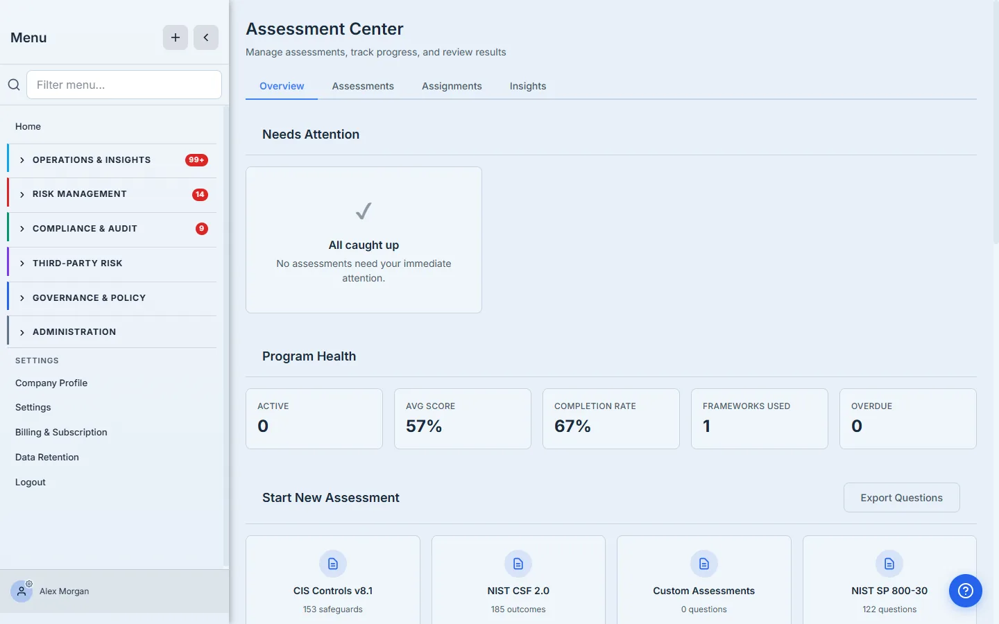 The Assessment Center Overview — a "Needs Attention" panel, Program Health KPIs (Active, Average Score, Completion Rate, Frameworks Used, Overdue), and the Start New Assessment framework cards.