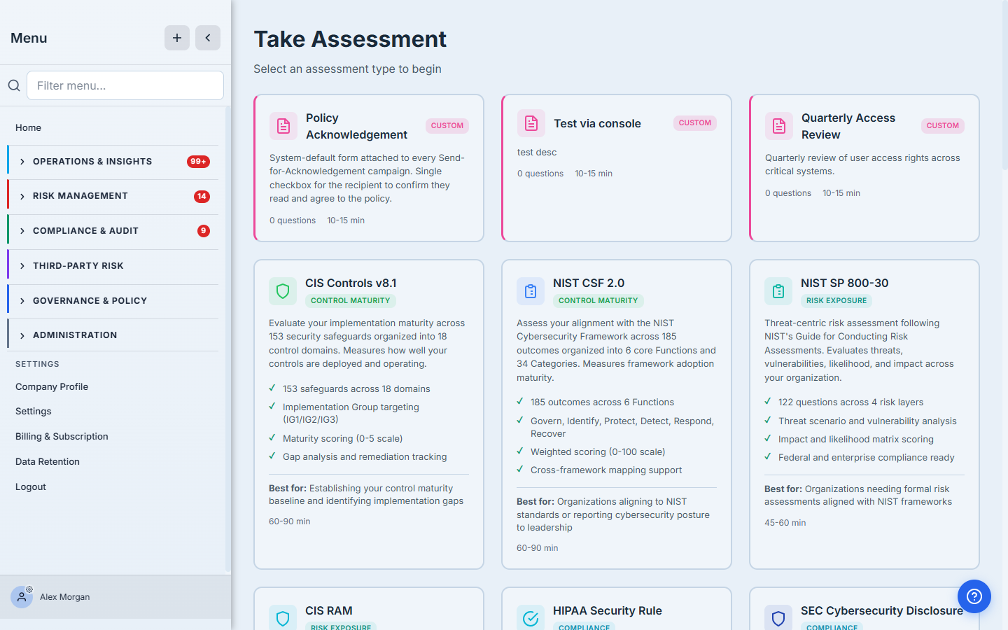 The Take Assessment catalog — framework cards including CIS Controls v8.1, NIST CSF 2.0, NIST SP 800-30 and Custom Assessments, each with its scope and a "best for" description.