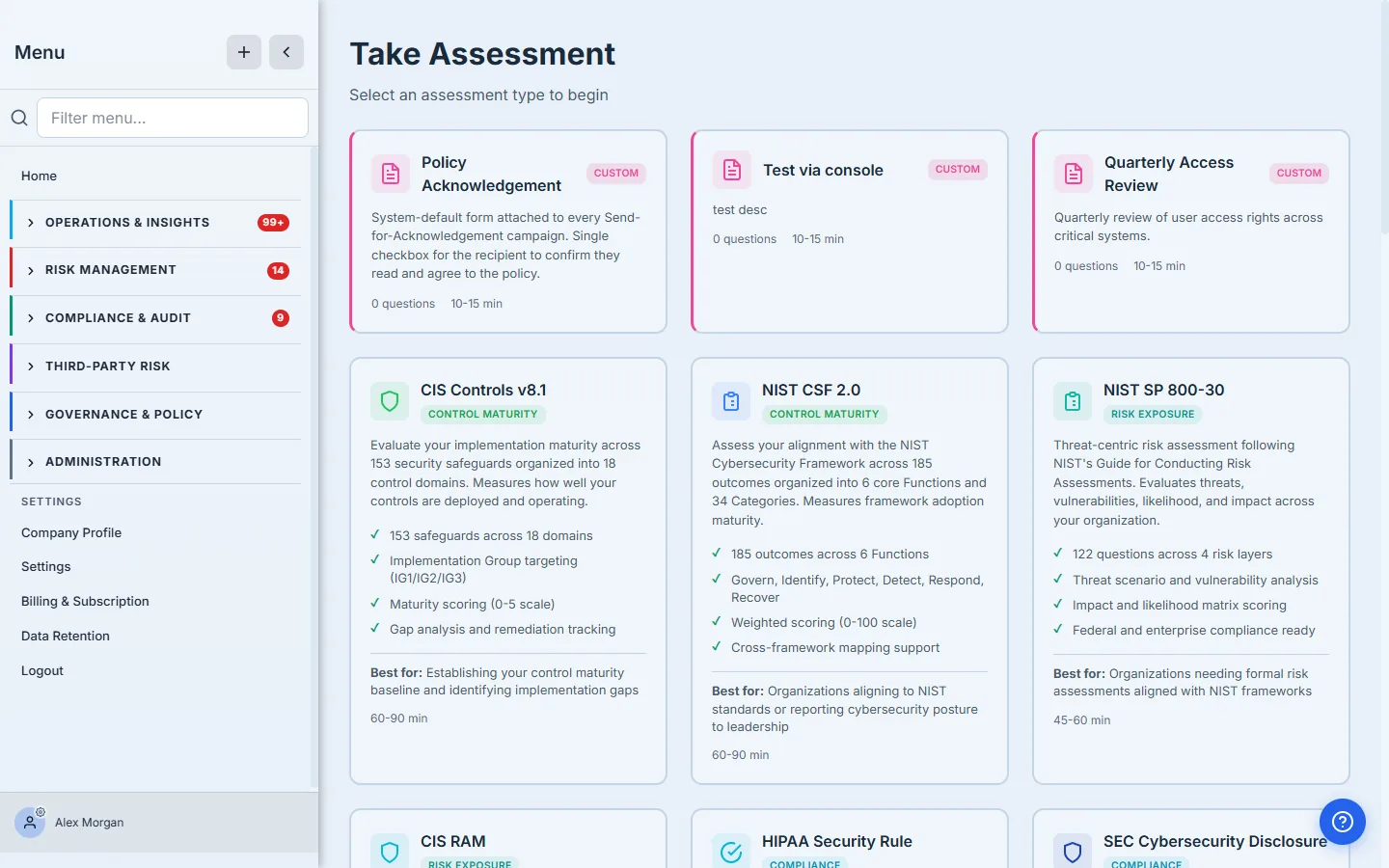 The Take Assessment catalog — framework cards including CIS Controls v8.1, NIST CSF 2.0, NIST SP 800-30 and Custom Assessments, each with its scope and a "best for" description.