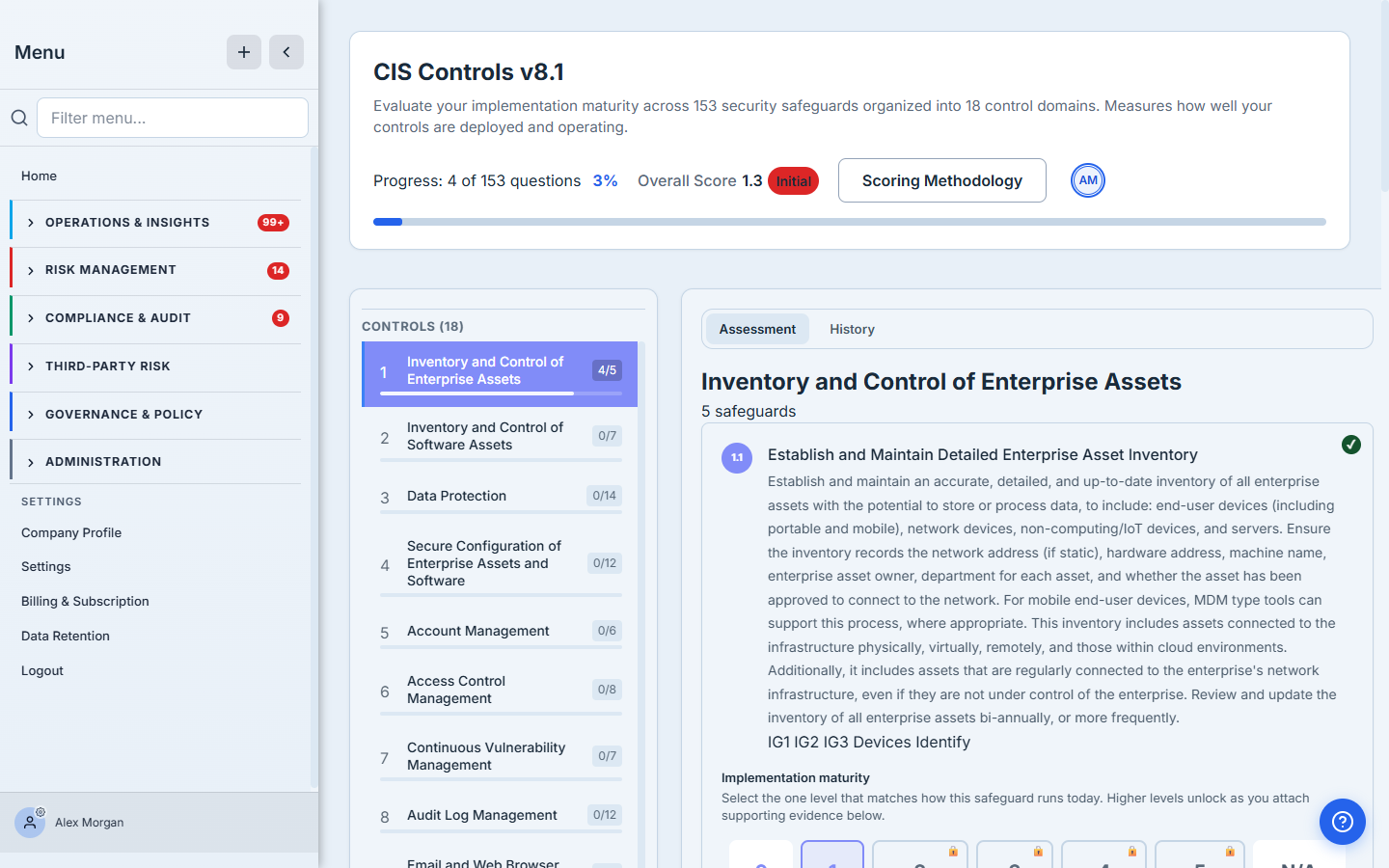 The CIS assessment runner — the 18 control domains in the left rail, a maturity question with its description, and a live "X of 153" progress counter with the running score.