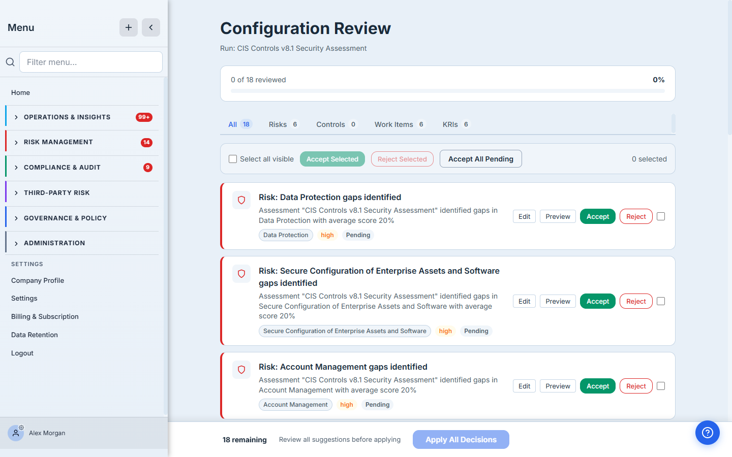 The Configuration Review screen — four tabs (Risks, Controls, Work Items, KRIs) with counts, and suggestion cards each titled by control domain with Edit, Preview, Accept and Reject actions and an Apply All Decisions bar.