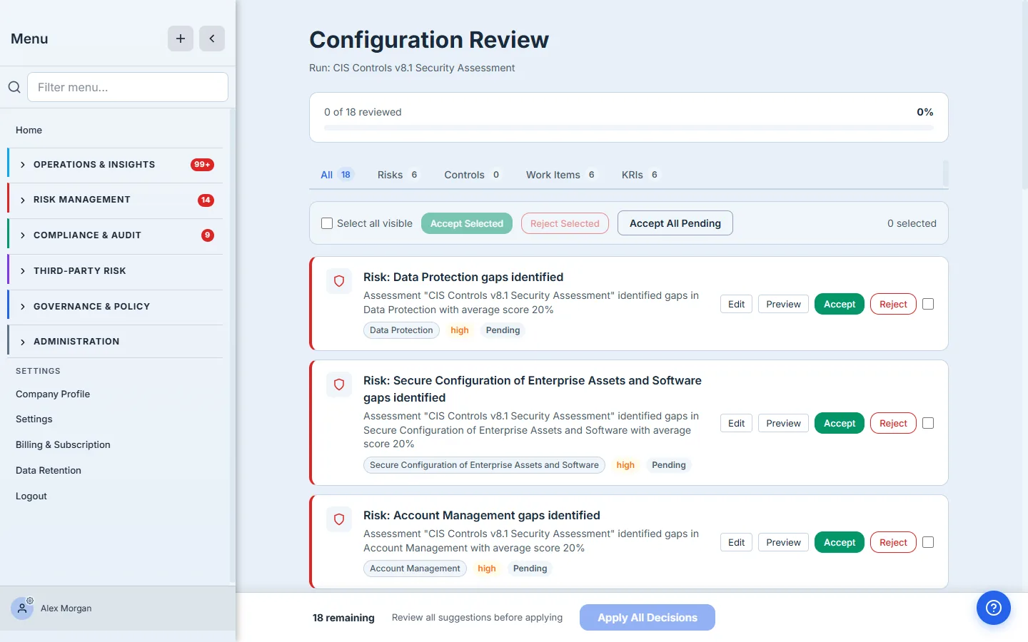 The Configuration Review screen — four tabs (Risks, Controls, Work Items, KRIs) with counts, and suggestion cards each titled by control domain with Edit, Preview, Accept and Reject actions and an Apply All Decisions bar.