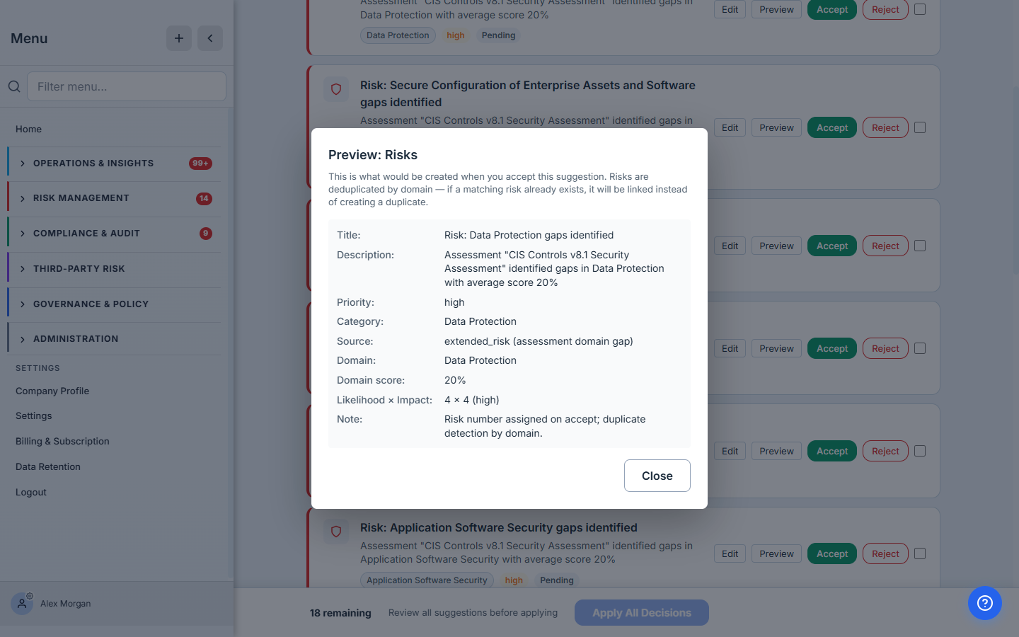 The Preview modal for a risk suggestion — "This is what would be created when you accept this suggestion" — showing the proposed title, description, priority, category, domain and domain score, with a dedup-by-domain note.