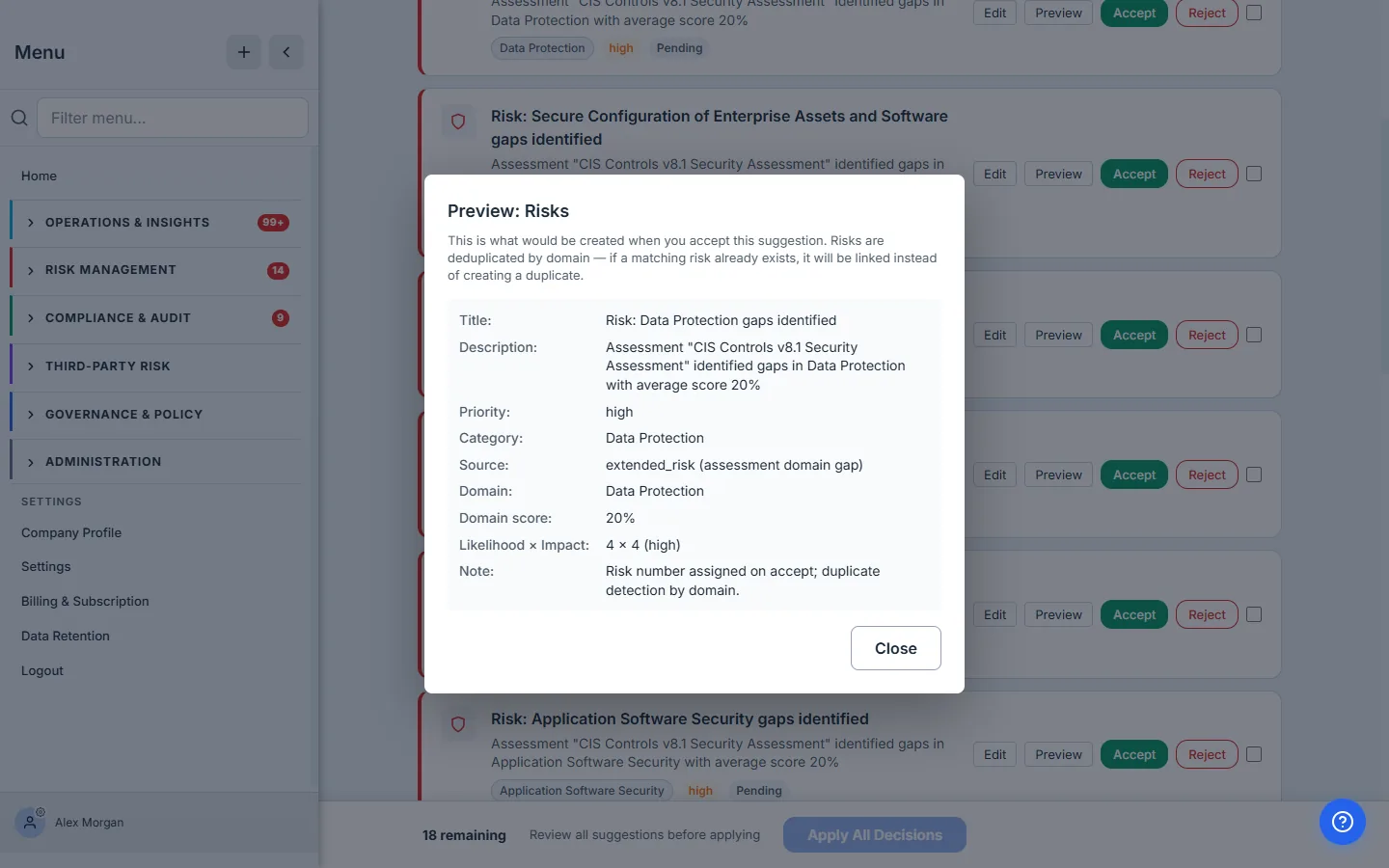 The Preview modal for a risk suggestion — "This is what would be created when you accept this suggestion" — showing the proposed title, description, priority, category, domain and domain score, with a dedup-by-domain note.