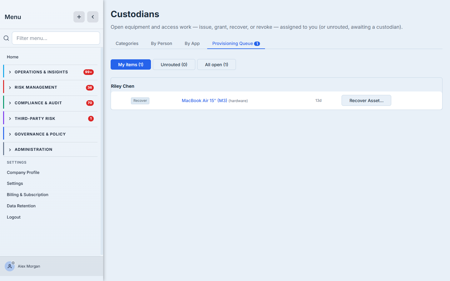 The Custodians Provisioning Queue — sub-tabs for My items, Unrouted, and All open, showing an open custodial task ("Recover · MacBook Air 15″ (M3) · hardware · 13d") grouped under its assignee with a "Recover Asset…" action.