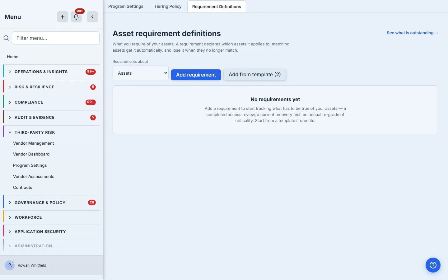 The Requirement Definitions page with the "Requirements about" selector set to Assets.