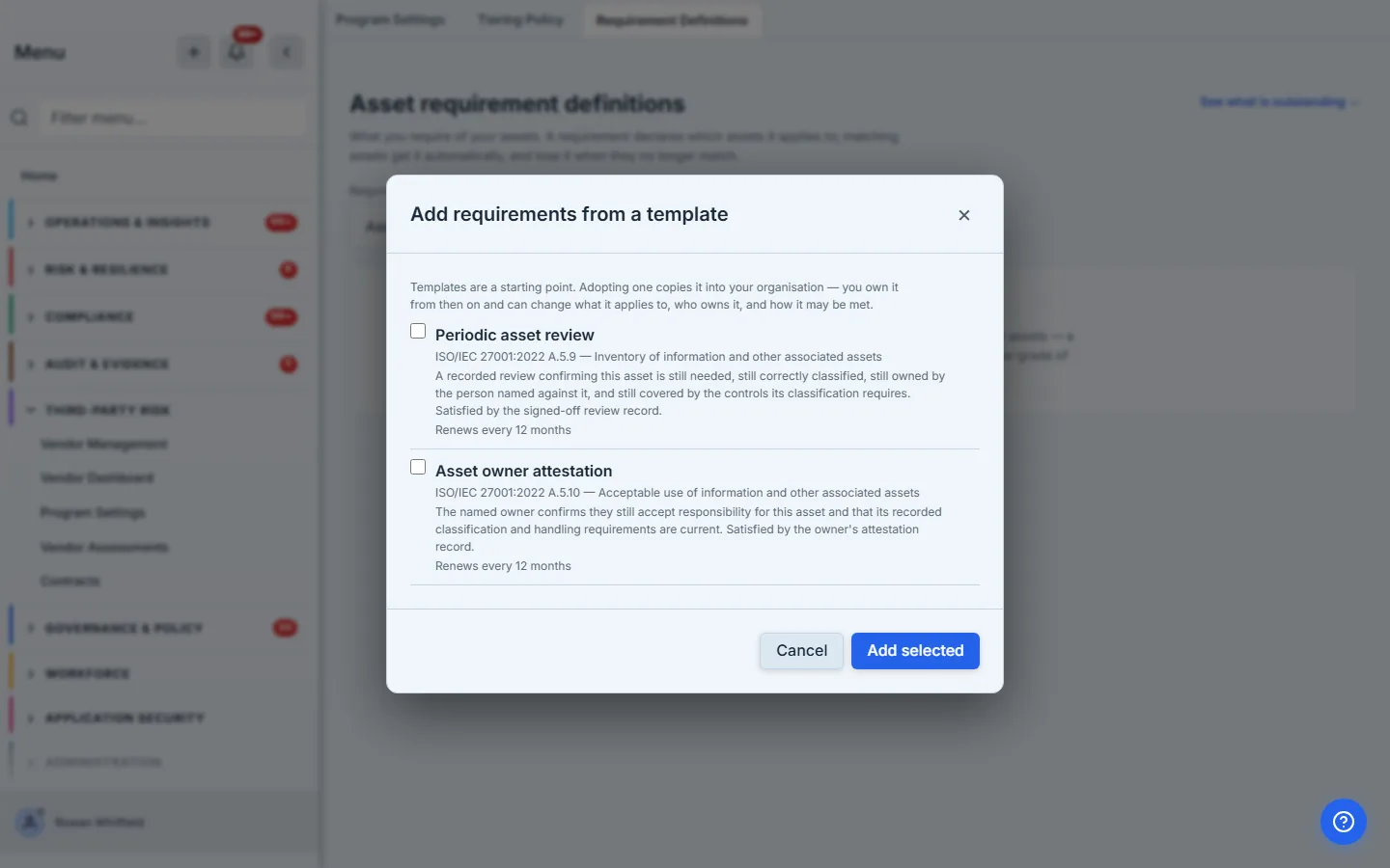 The asset requirement templates, each with its citation and default cadence.