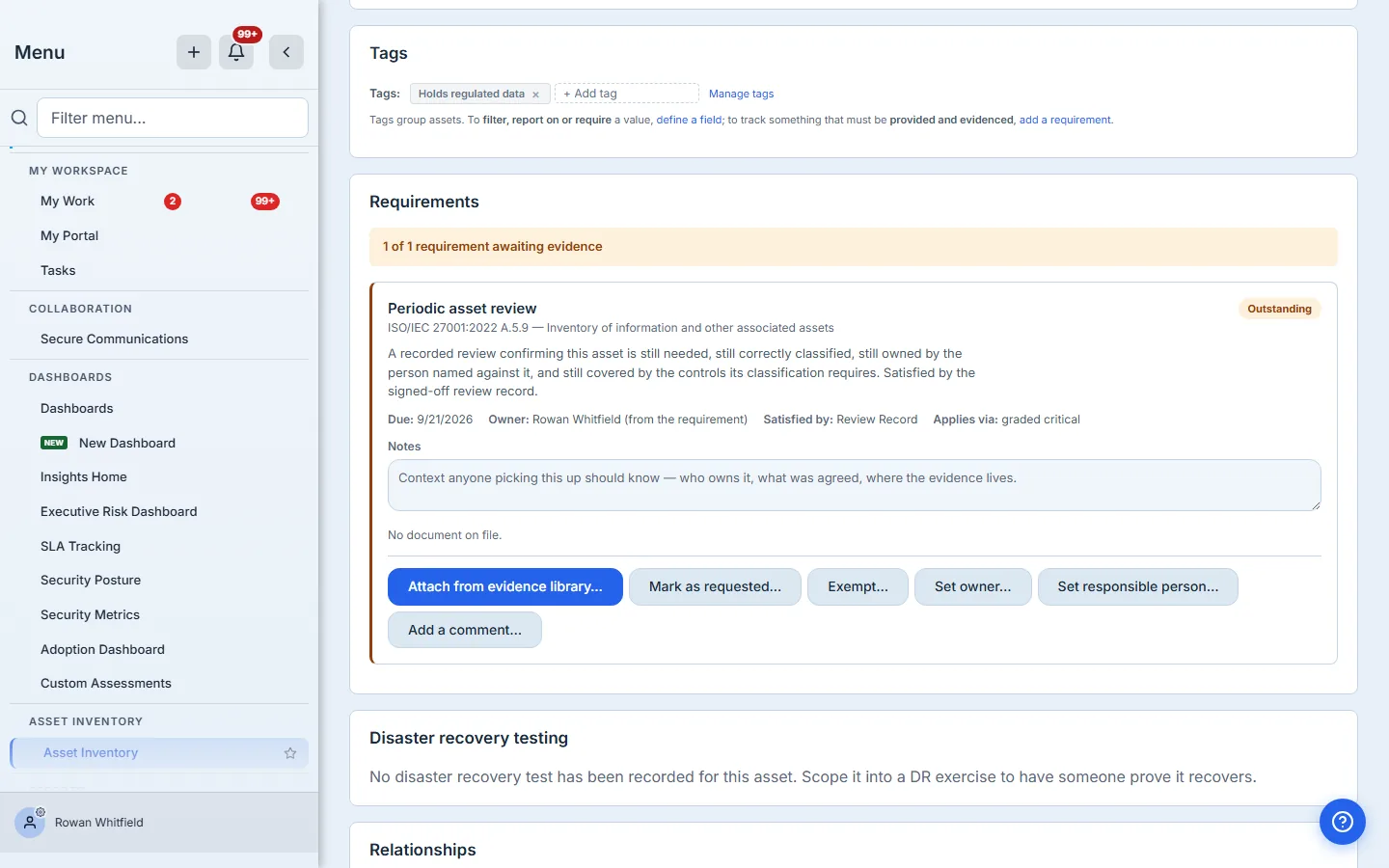 The Requirements section on the asset Core banking database (primary), showing the periodic asset review outstanding, with its owner, its due date and the actions available on it.