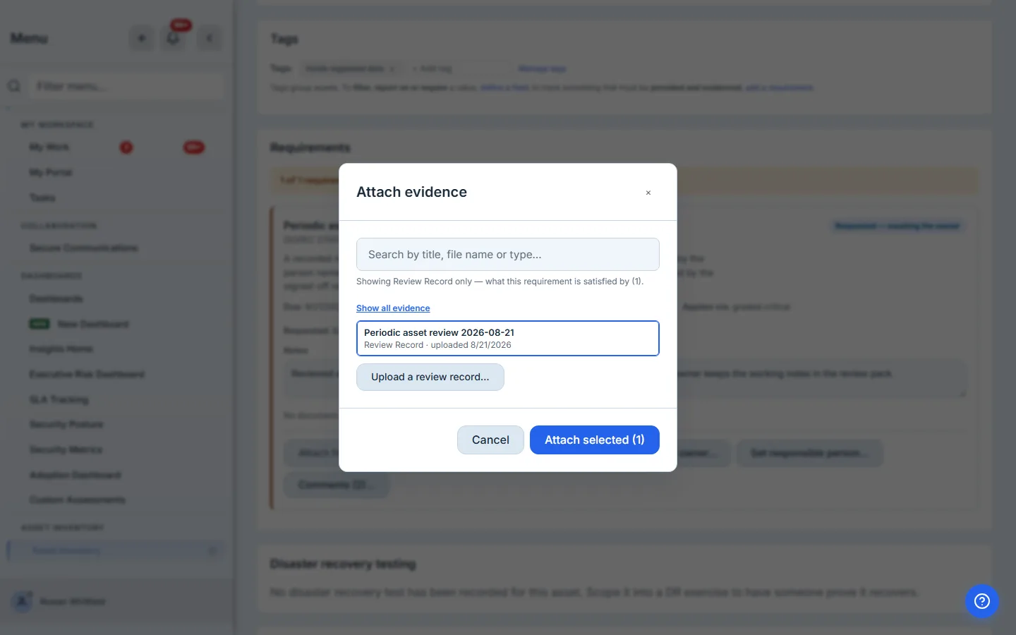 The evidence library picker, opened from the periodic review of Core banking database (primary), filtered to review records with the chosen document selected.