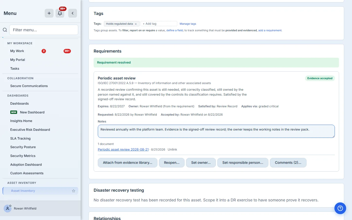 The periodic review of Core banking database (primary) accepted, showing "Accepted by" with the reviewer's name and the date, and the standing Notes field filled in.