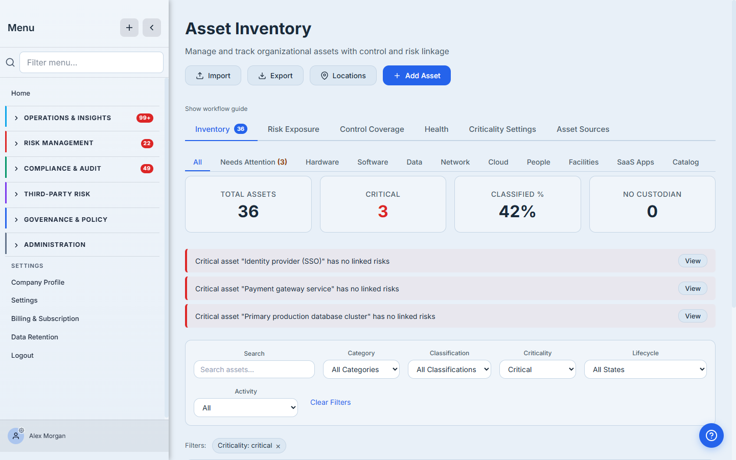 Your asset inventory — every asset categorized and rated by criticality. Each asset also carries a custodian (its owner), which becomes the default DR tester.