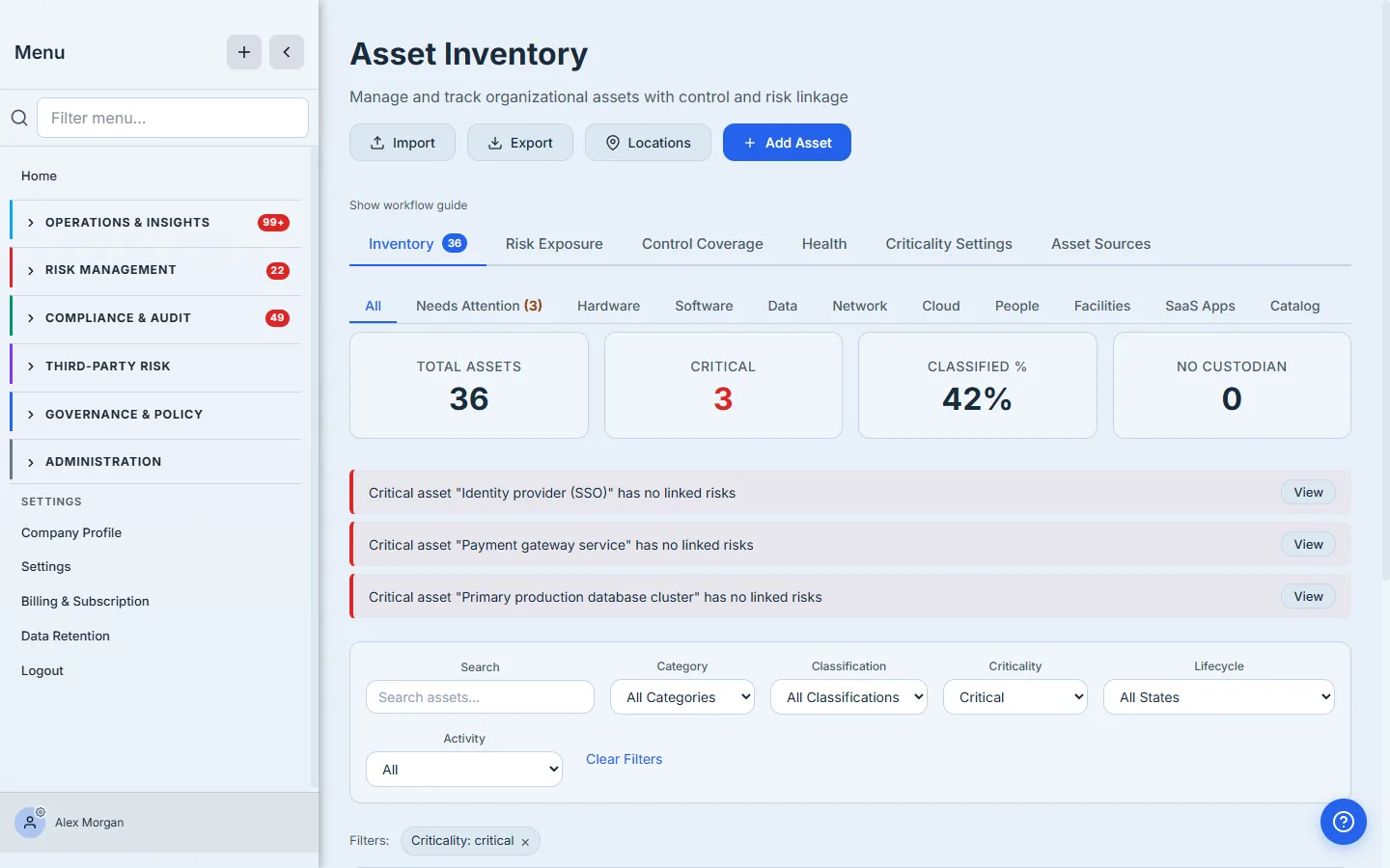 Your asset inventory — every asset categorized and rated by criticality. Each asset also carries a custodian (its owner), which becomes the default DR tester.