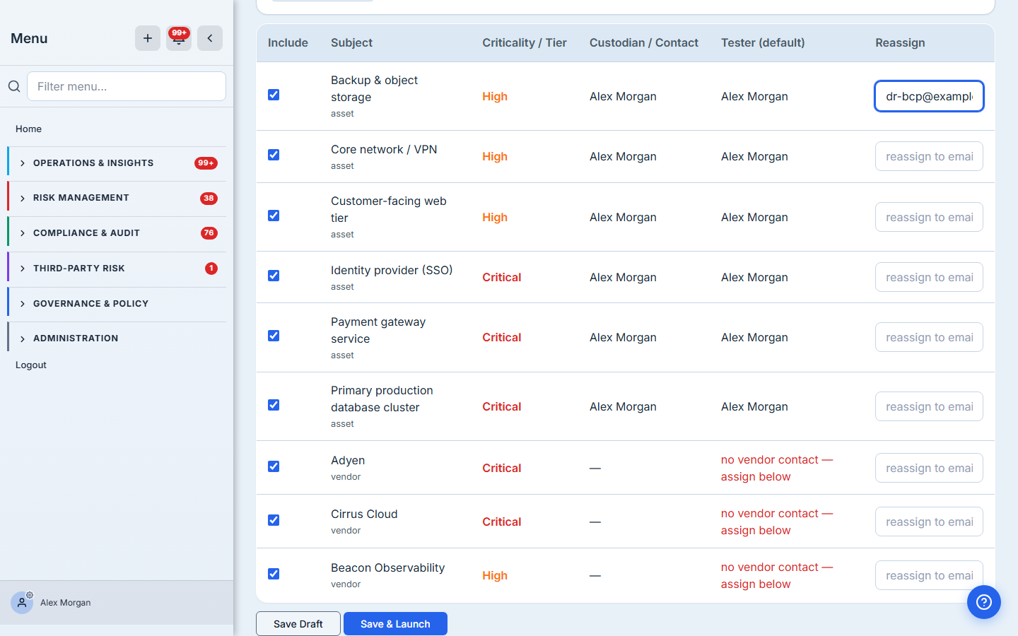 The assignment grid — each subject's criticality, its custodian, and a suggested tester (the custodian by default). Reassign any subject to an external vendor by email — here, Backup & object storage is handed to the backup vendor's DR contact.