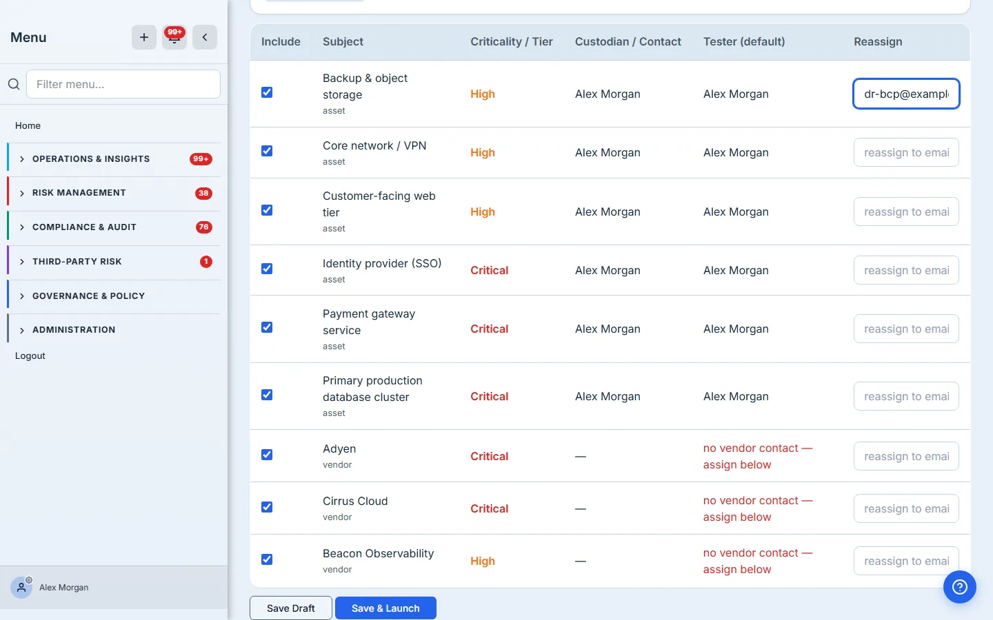 The assignment grid — each subject's criticality, its custodian, and a suggested tester (the custodian by default). Reassign any subject to an external vendor by email — here, Backup & object storage is handed to the backup vendor's DR contact.