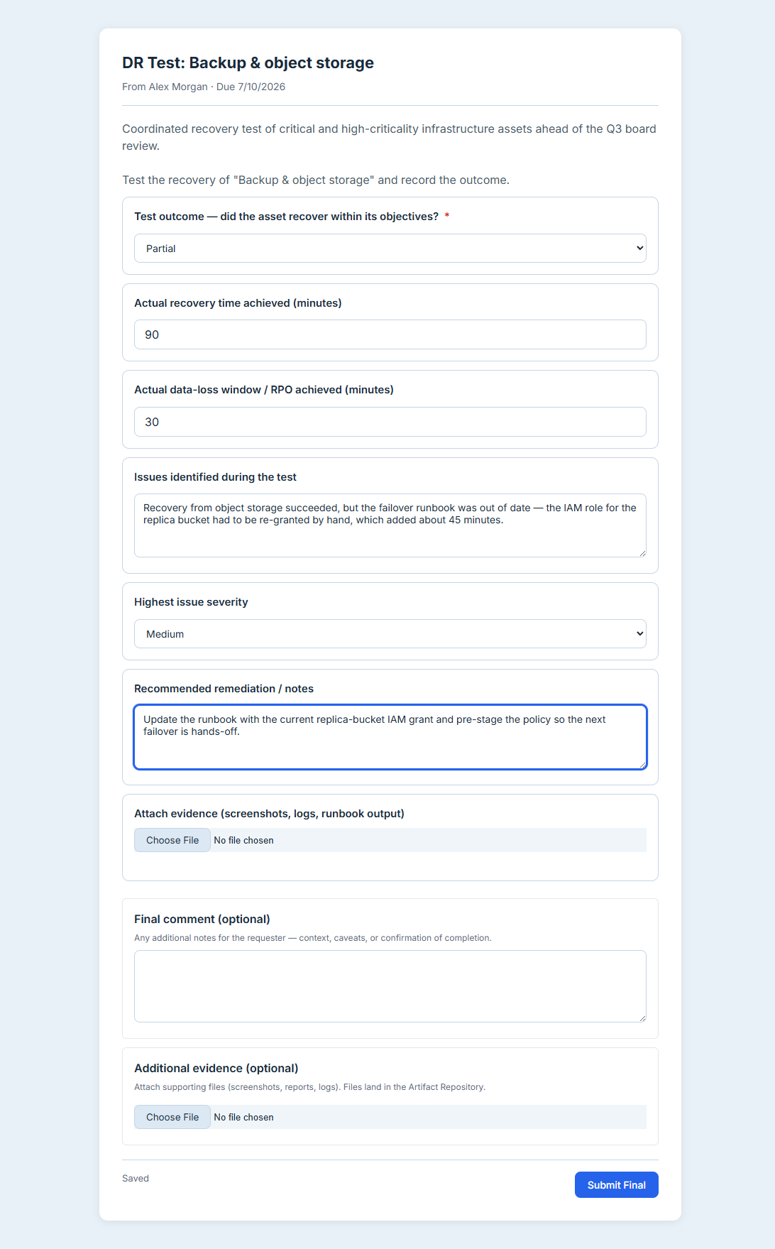 The external vendor's no-login portal — they record the test outcome (Partial), the actual RTO/RPO, the issues found and their severity, and recommended remediation, then submit. No account, no password — just a one-time secure link.