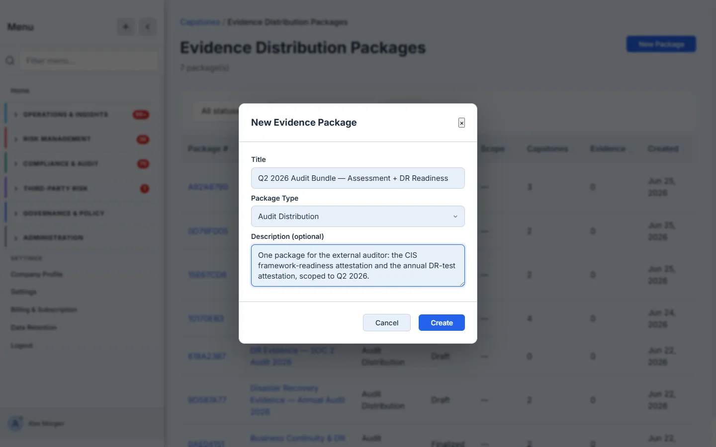 The New Package modal — title, package type (audit distribution / customer distribution / regulator submission / internal review), and an optional description.