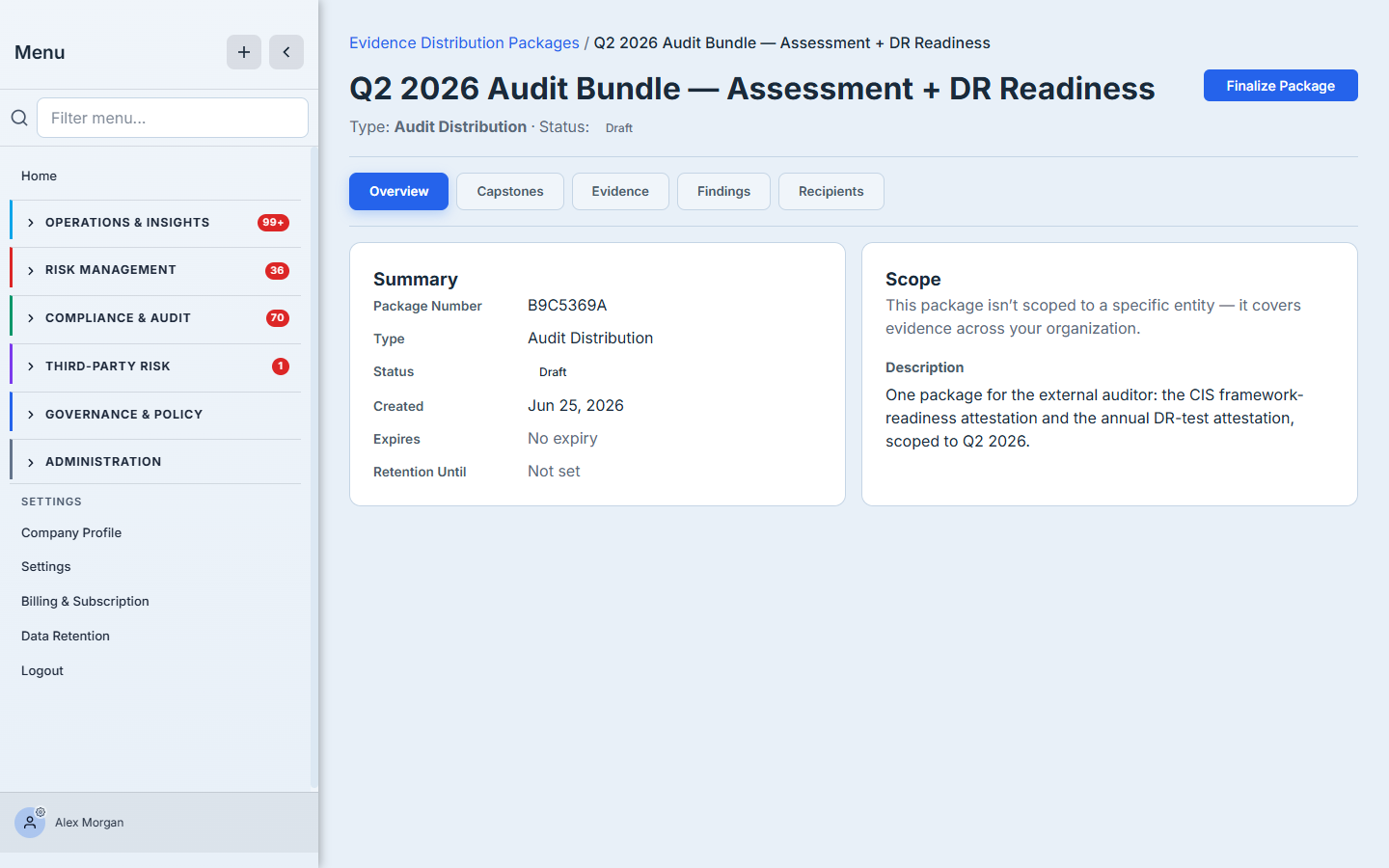 The package case file, freshly created — the Overview tab with its summary and scope cards, the five tabs across the top, and the empty Distribution Packet slot.