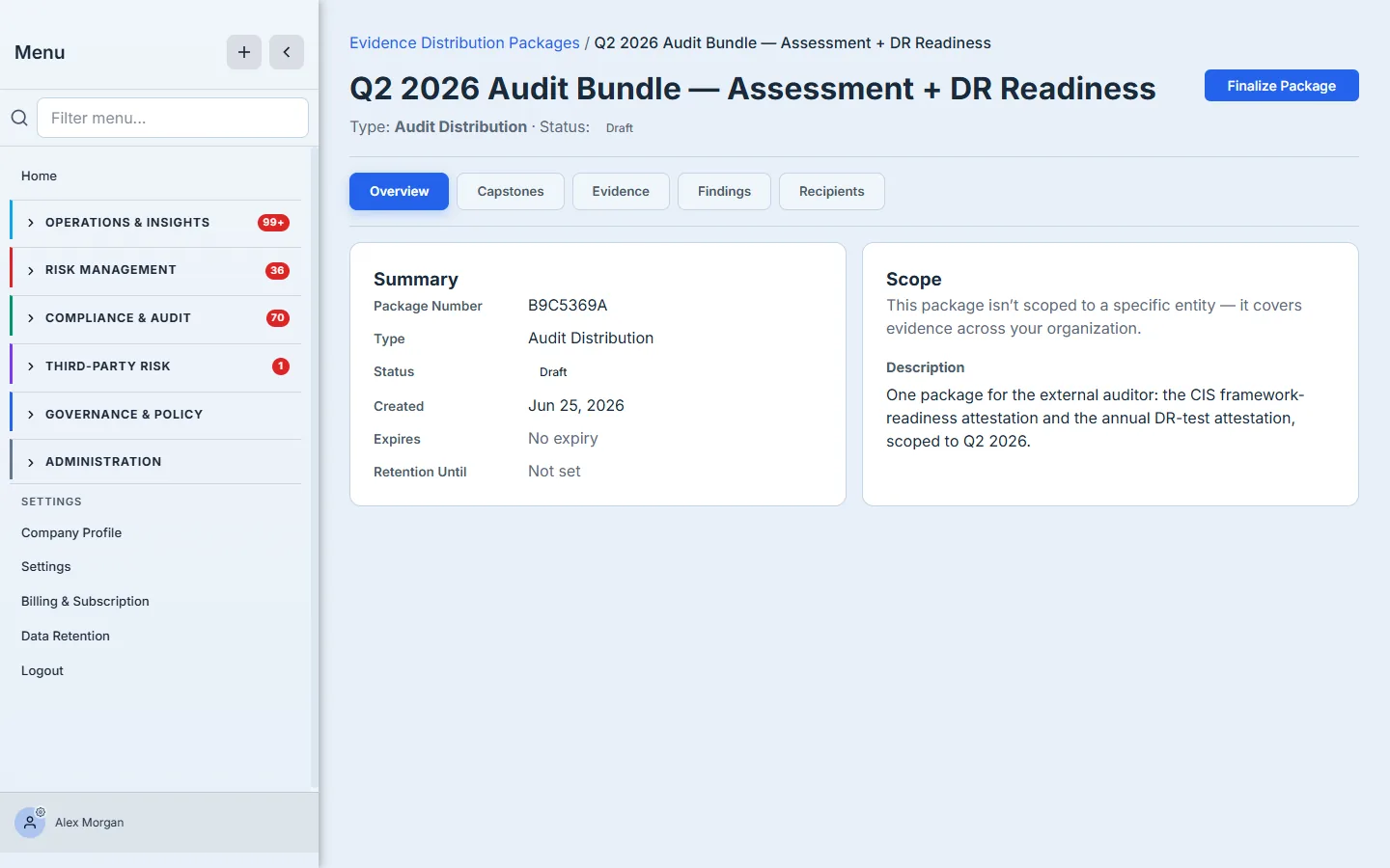The package case file, freshly created — the Overview tab with its summary and scope cards, the five tabs across the top, and the empty Distribution Packet slot.