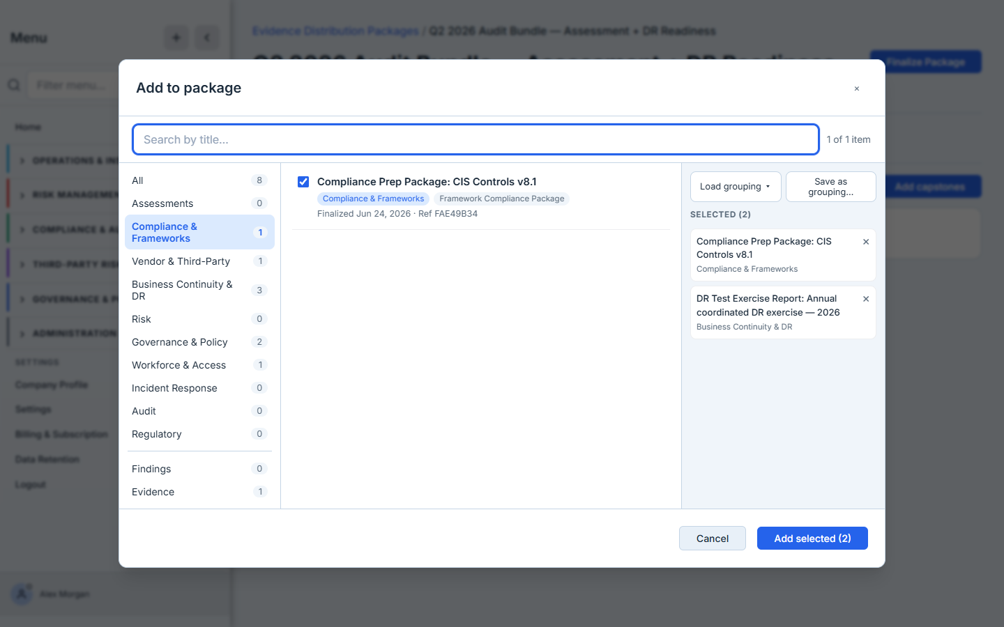 The Add-to-package picker — a category rail with live counts down the left, search across the top, and a staging tray on the right. Compliance & Frameworks holds the CIS framework-readiness package, Business Continuity & DR holds the DR-test attestation, and both are staged together for one package.