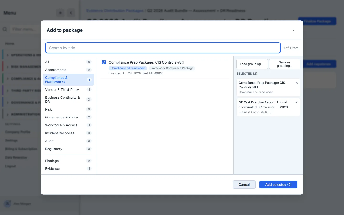The Add-to-package picker — a category rail with live counts down the left, search across the top, and a staging tray on the right. Compliance & Frameworks holds the CIS framework-readiness package, Business Continuity & DR holds the DR-test attestation, and both are staged together for one package.